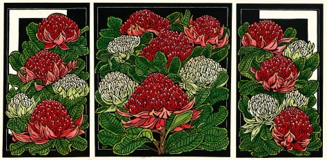8 Waratah Tryptich - Limited Edition Handcoloured Linocut 1